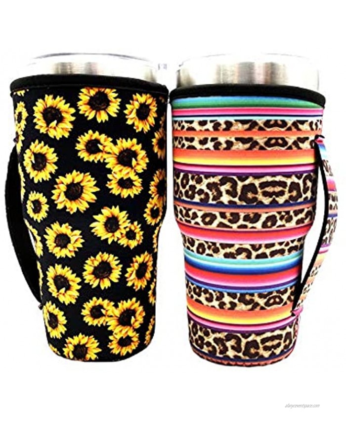 Reusable Iced Coffee Cup Sleeve Neoprene Insulated Sleeves Cup Cover Holder Idea for 30oz-32oz Tumbler Cup,Trenta Starbucks Only Cup Sleeves Sunflower+ Rainbow-Leopard2 Pack