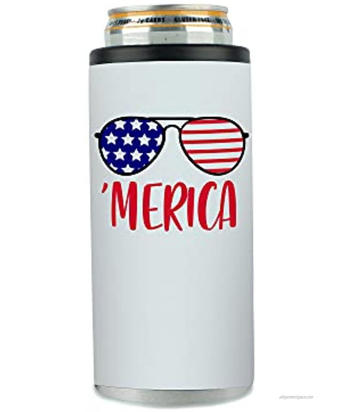 Skinny Can Cooler Insulated – Stainless Steel White Can Coozie for 12oz Tall Cans-Merica Gift Idea for American Flag Patriotic Slim Claw Hard Seltzer