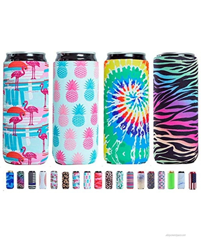Slim Can Sleeves Neoprene Bottle Insulator Sleeve Set of 4 Can Beverage Coolers for 12oz Energy Drink & Beer Cans Fish Multiple styles