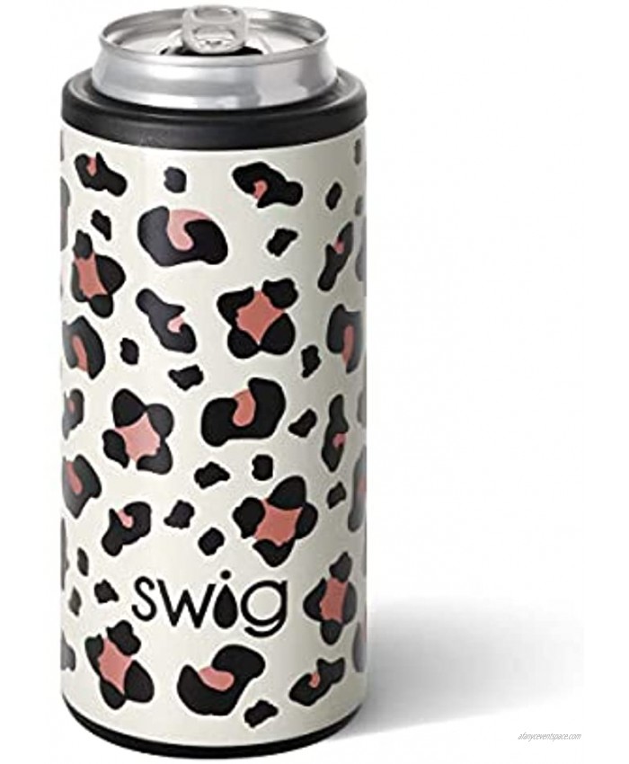 Swig Life Skinny Can Cooler Stainless Steel Dishwasher Safe Triple Insulated Slim Can Sleeve for Beer & Hard Seltzers in 12oz Tall Skinny Cans in Luxy Leopard Print