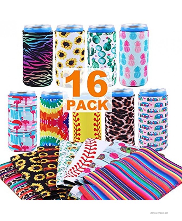 XPCARE Slim Can Cooler Colourful Neoprene Slim Cooler Sleeve for 12oz Energy Drink & Beer Cans Perfect Soft Slim Outdoor Beach 16 Pack