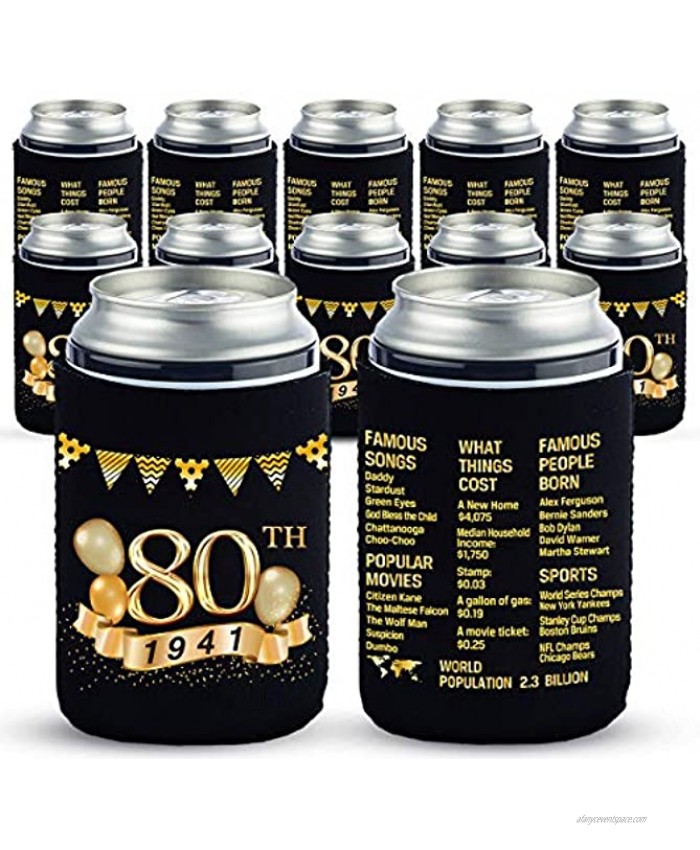 Yangmics 80th Birthday Can Cooler Sleeves Pack of 12-1941 Sign -80th Anniversary Decorations Dirty 80th Birthday Party Supplies Black and Gold Eightieth Birthday Cup Coolers