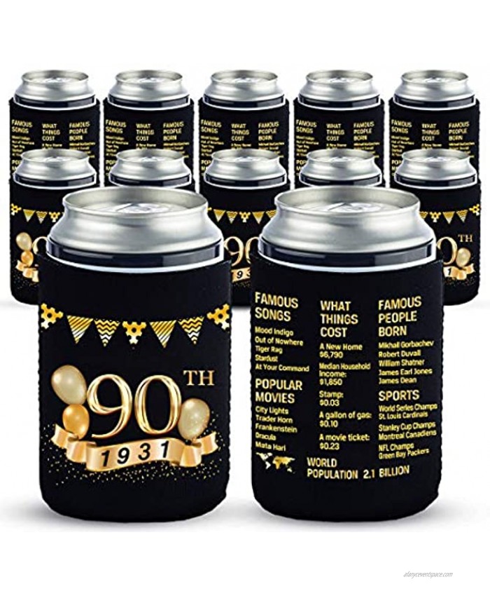 Yangmics 90th Birthday Can Cooler Sleeves Pack of 12-1931Sign -90th Anniversary Decorations Dirty 90th Birthday Party Supplies Black and Gold Ninetieth Birthday Cup Coolers