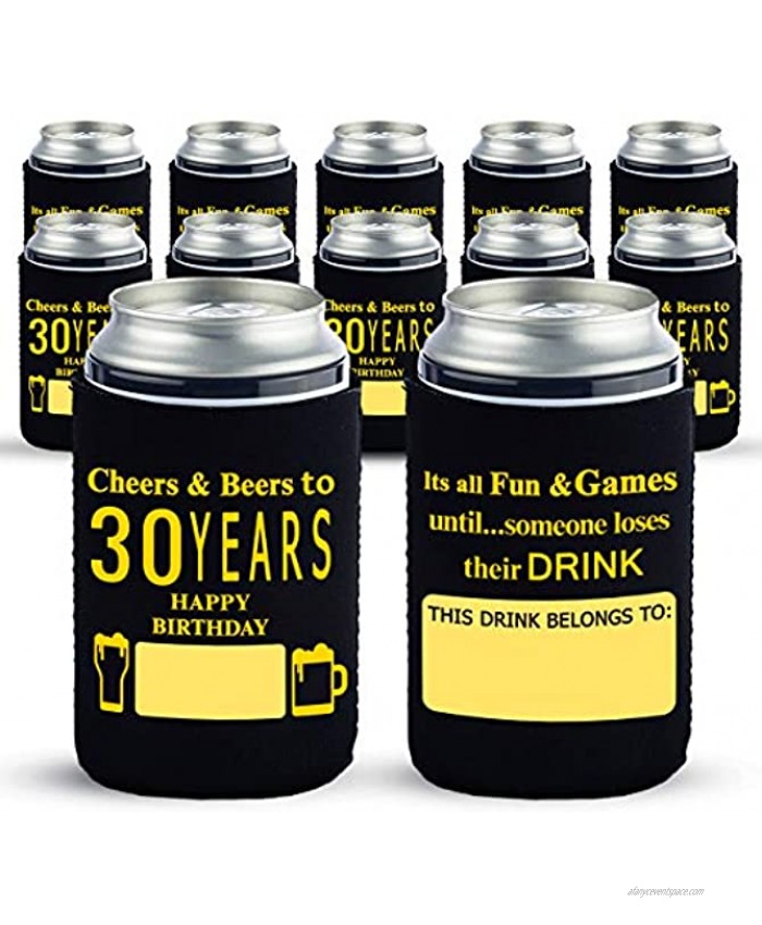 Yangmics Direct 30th Birthday Can Cooler Sleeves Pack of 12- Dirty 30 Birthday Party Supplies Black and Gold Thirtieth Birthday Cup Coolers