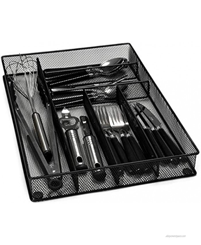 Flatware Drawer Organizer Slip Resistant Kitchen Tray with 6 Sections to Neatly Arrange Cutlery and Serving Utensils. Also Great to Keep Your Desk Drawer and Office Supplies Well Organized Black