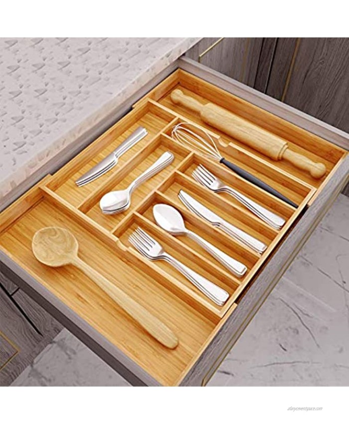Hamonical Kitchen Bamboo Drawer Organizer Cutlery Tray Desk Drawer Organizer Silverware Holder with Grooved Drawer Dividers for Flatware and Kitchen 100% Pure Bamboo Cutlery in Natural Color