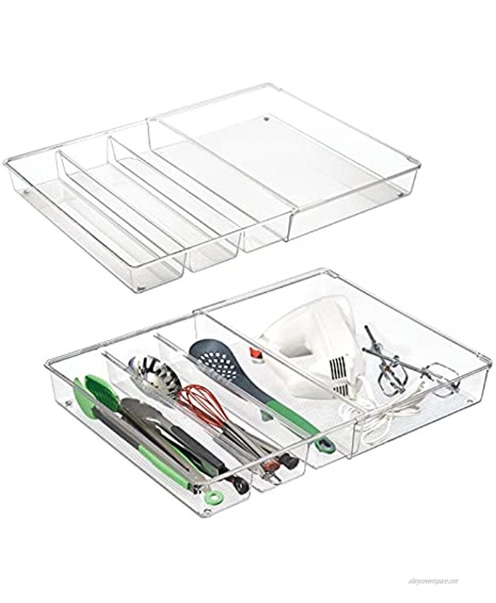 mDesign Adjustable Expandable 4 Compartment Kitchen Cabinet Drawer Organizer Divided Sections for Cutlery Serving Spoons Cooking Utensils Gadgets BPA Free Food Safe 2 Pack Clear