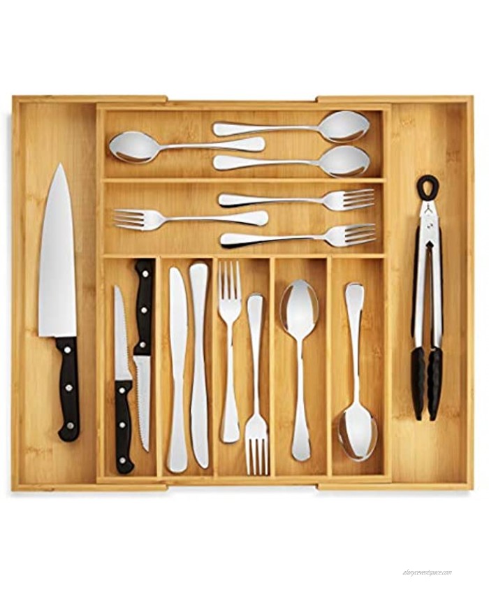 RMR Home Bamboo Silverware Organizer Expandable Kitchen Drawer Organizer and Utensil Organizer Perfect Size Cutlery Tray with Drawer Dividers for Kitchen Utensils and Flatware 7-9 Slots Natural