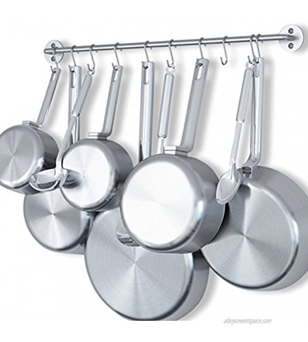 Wallniture Cucina 24 Wall Mount Kitchen Utensil Holder with 10 S Hooks for Hanging Pots and Pans Set and Lid Organizer Silver