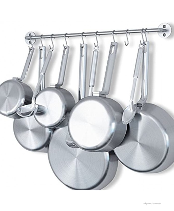 Wallniture Cucina 24 Wall Mount Kitchen Utensil Holder with 10 S Hooks for Hanging Pots and Pans Set and Lid Organizer Silver