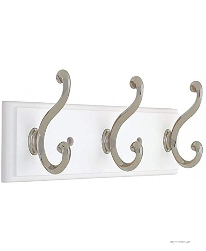 129854 Coat Rack 10-Inch Wall Mounted Coat Rack with 3 Decorative Hooks Satin Nickel and White