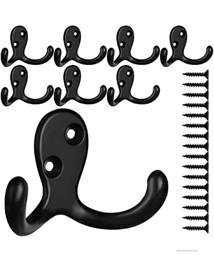 8 Pack Heavy Duty Double Prong Coat Hooks Wall Mounted with 16 Screws Retro Double Robe Hooks Utility Hooks for Coat Scarf Bag Towel Key Cap Cup Hat Black
