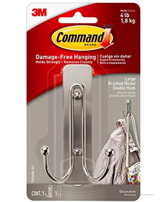 Command Large Double Wall Hook Brushed Nickel Decorate Damage-Free