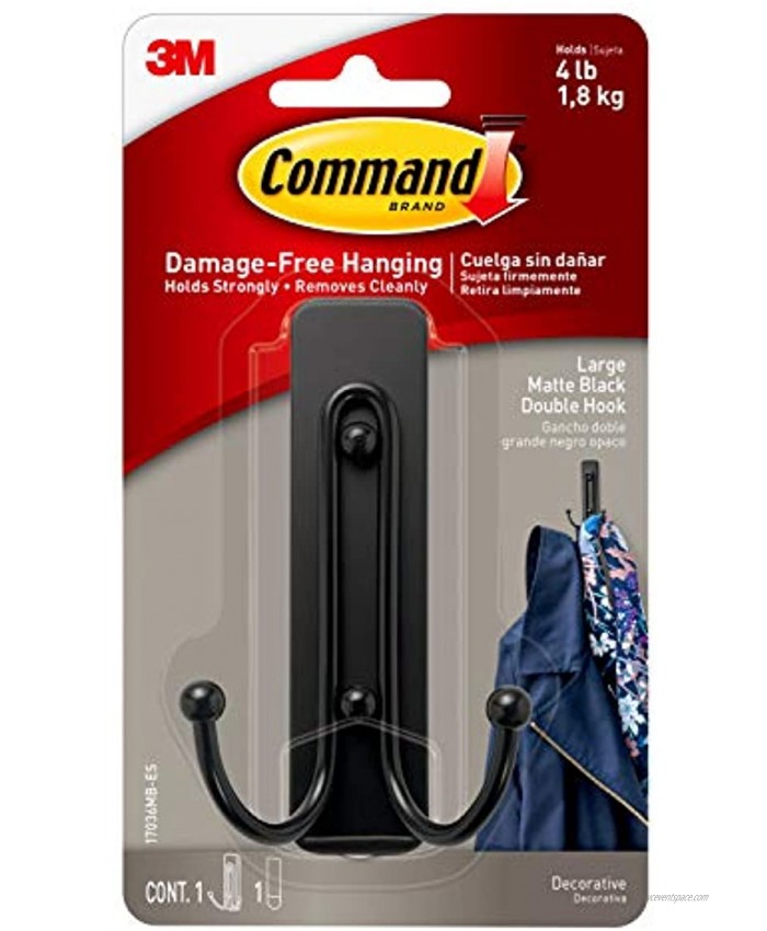 Command Large Double Wall Hook Matte Black Decorate Damage-Free