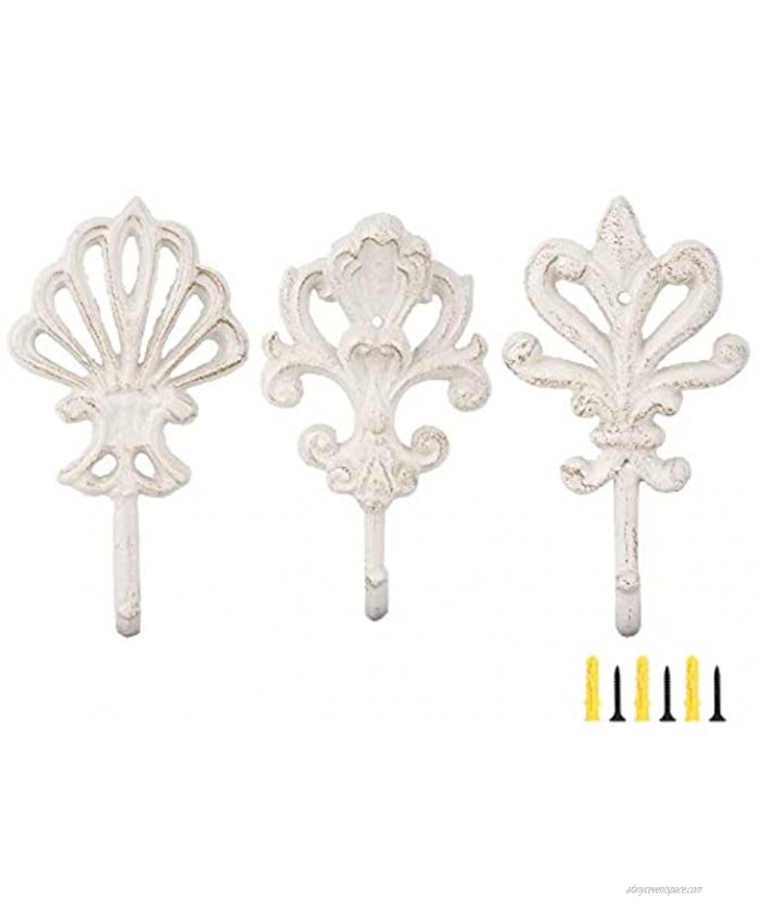 Lewondr Shabby Chic Cast Iron Decorative Wall Hooks 3 Pieces Retro Rustic Wall Hanger Brackets French Country Style Decor with Sraws and Anchors Antique Hanging Hook Fleur De Lis Vintage White