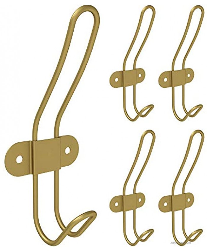 Tibres Gold Coat Wall Hooks for Towel Clothes Robe Jacket Backpack and Bag Brushed Gold Hanger for Bathroom Metal Double Hooks Door or Wall Mounted Set of 5