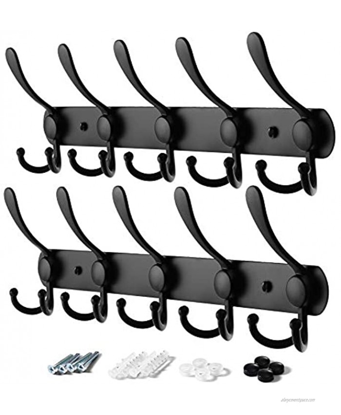 VASGOR 2pcs Heavy Duty Wall Mount Coat Hook  Stainless Steel Rack of 5 Tri Hooks for Coats  Towels Purse Robes Keys and Hats . Multi Purpose for Kitchen Bedroom Bathroom Entryway Black