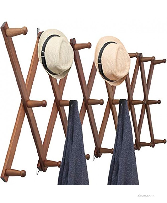 WEBI Accordian Wall Hanger,Expandable Wooden Coat Rack Wall Mounted,Hat Rack for Wall,Accordion Wall Rack for Hats,Caps,20 Peg Hooks,Rustic Brown