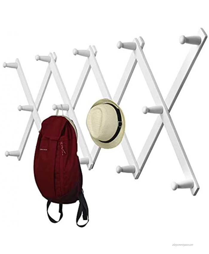 WEBI Accordian Wall Hanger,Expandable Wooden Coat Rack,Hat Rack for Wall,Accordion Wall Rack for Hats,Caps,Coffee Mugs,14 Peg Hooks,White