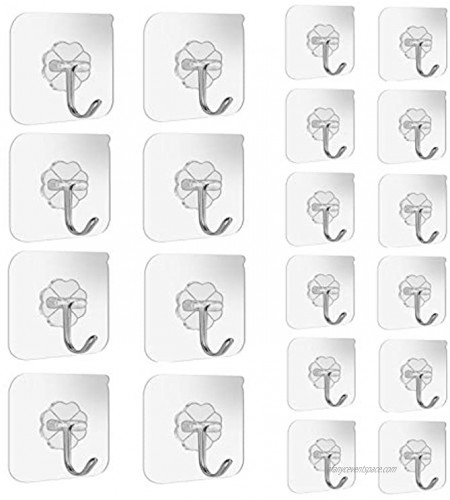 Adhesive Wall Hooks 15lbMax Transparent Reusable Traceless Hooks,Waterproof and Oilproof,Bathroom Kitchen Heavy Duty Self Adhesive Hooks,20 Packs