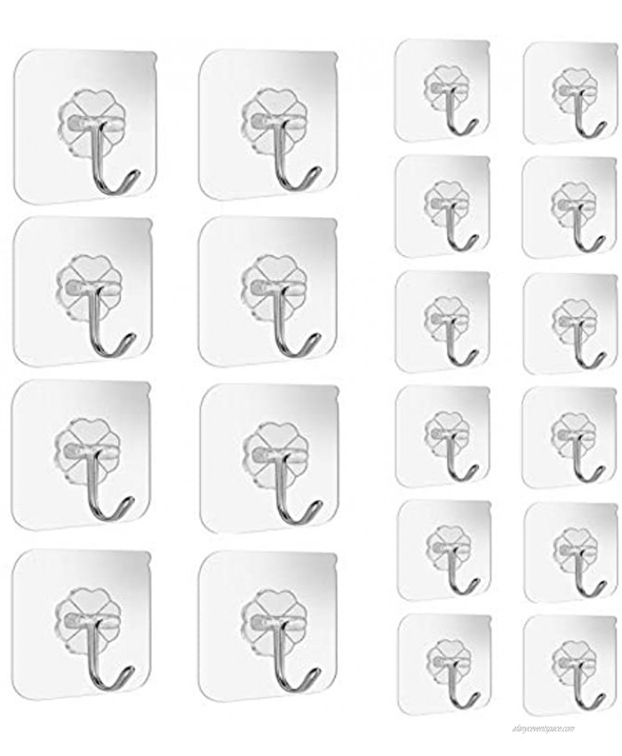 Adhesive Wall Hooks 15lbMax Transparent Reusable Traceless Hooks,Waterproof and Oilproof,Bathroom Kitchen Heavy Duty Self Adhesive Hooks,20 Packs
