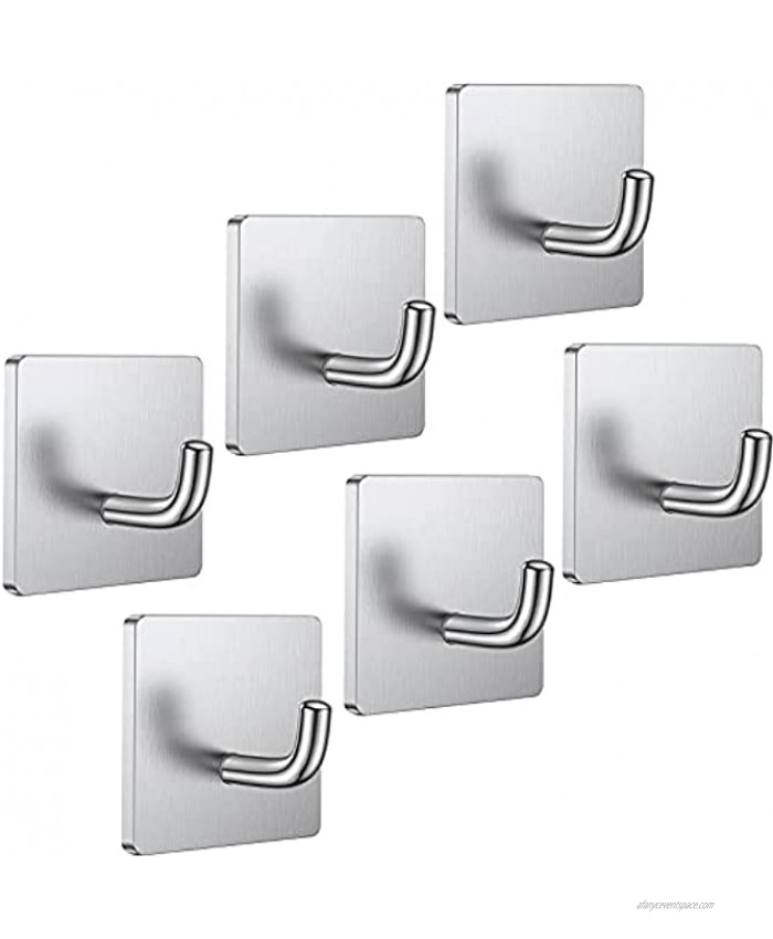 Adhesive Hooks for Hanging Towels Waterproof Stick on Hooks for Bathroom Stainless Steel Door Hooks No Damage Wall Hooks for Clothes Coat Closet Key Kitchen 6 Pack Sliver