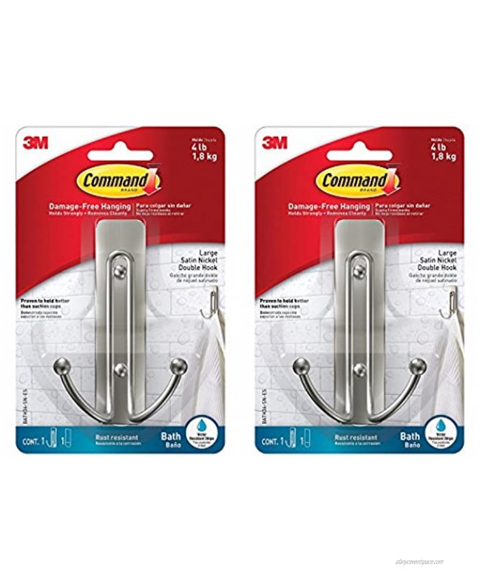 Command Large Double Bath Hook Satin Nickel 2-Hooks 2-Large Water-Resistant Strips