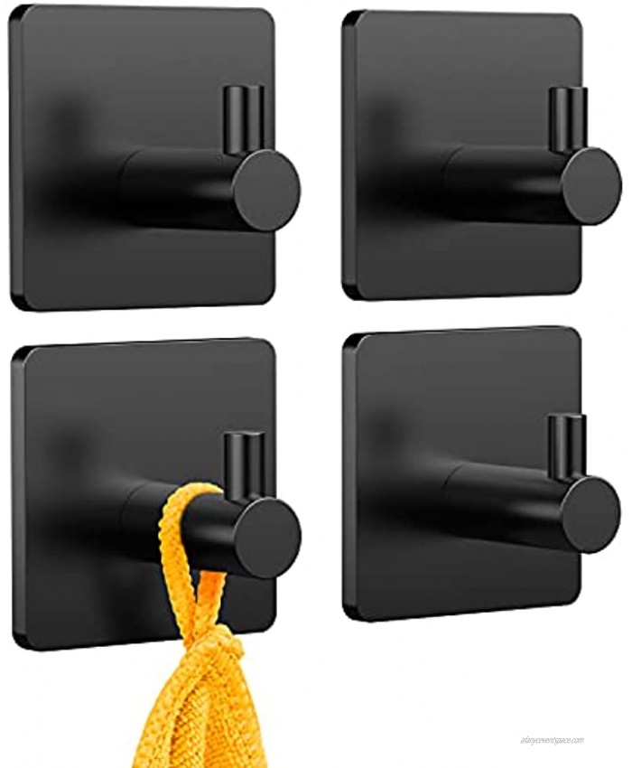 HITSLAM Self Adhesive Hooks Heavy Duty Stick on Wall Hooks for Hanging Towels Waterproof Stainless Steel Towel Hanger for Bathroom Wall Shower Wall Kitchen 4 Packs Black
