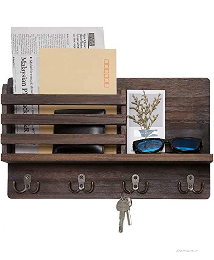 Dahey Wall Mounted Mail Holder Wooden Key Holder Rack Mail Sorter Organizer with 4 Double Key Hooks and A Floating Shelf Rustic Home Decor for Entryway or Mudroom,15.8 W x9.5 Hx2.7 D Brown