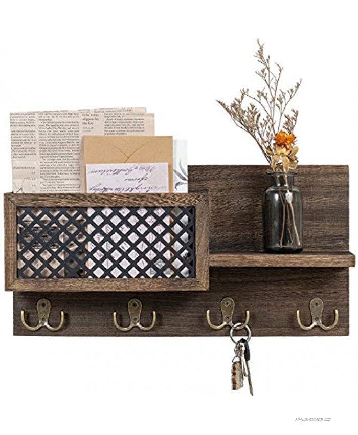 Dahey Wall Mounted Mail Holder Wooden Mail and Key Organizer with 7 Hooks Entryway Decorative Shelf Rustic Home Decor for Entryway Mudroom Hallway Kitchen Office Bronze