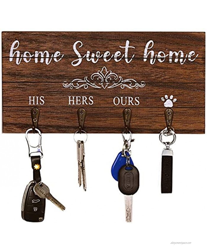 Home Sweet Home Key Holder for Wall Decorative with 4 Key Hooks Rustic Home Decor Key Hangers for Wall Entryway Key Rack with His Her Ours Paws Signs