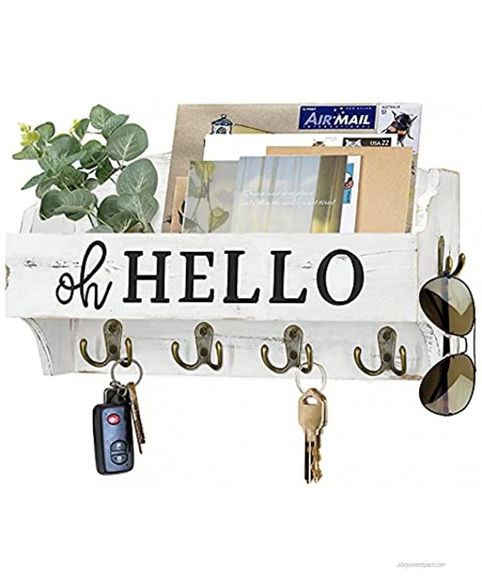 Key and Mail Holder for Wall with 4 Double Key Hooks Wood Key Hanger with Shelf Key Holder for Wall with Shelf for Letters Bills Magazines Key Rack Mail Organizer for Entryway Hallway Mudroom