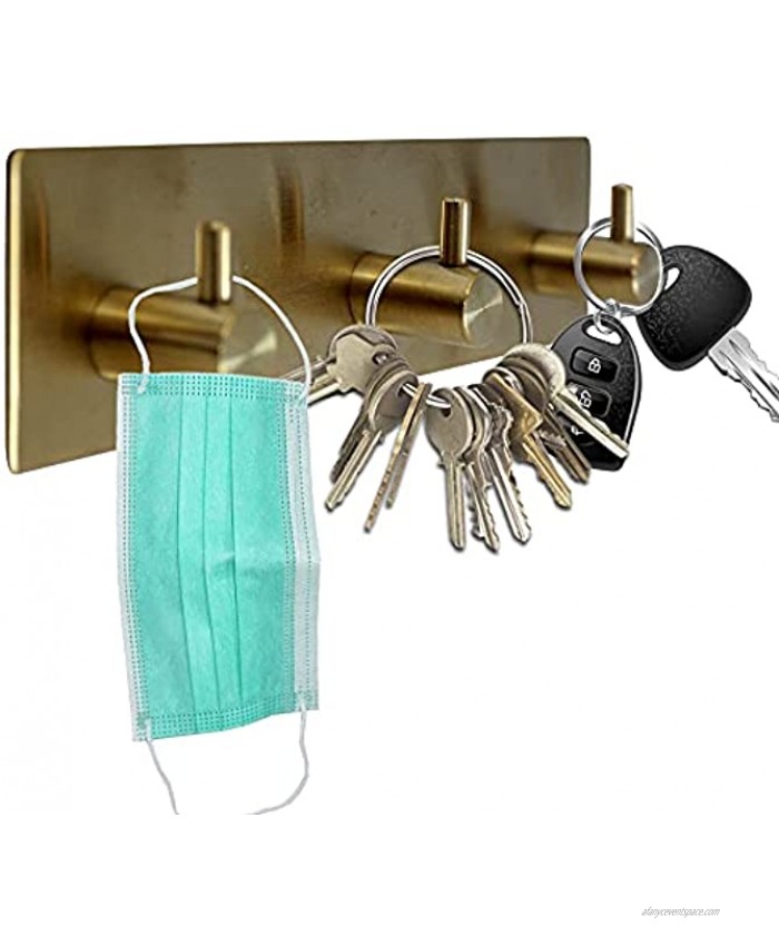 Key Holder for Wall ~ Key Hook for Wall with 3 Key Hooks ~ Coat Hanger Purse Hanger Towel Hook ~ Easy Mount Key Hangers for Wall Entryway Bathroom Living Room Kitchen Gold Finish