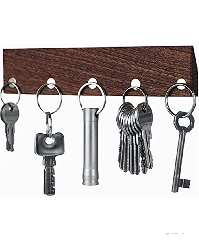 Magnetic Key Holder for Wall Decorative Real Walnut Wood 5 Key Hooks Wooden Mail Organizer and Keys Hanger for Entryway Easy Self-Adhesive Mount Rustic Home Decor