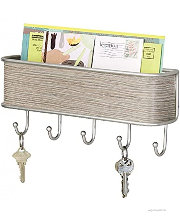 mDesign Wall Mount Metal Mail Organizer Storage Basket 5 Hooks for Entryway Mudroom Hallway Kitchen Office Holds Letters Magazines Coats Keys Satin Gray Wood Finish