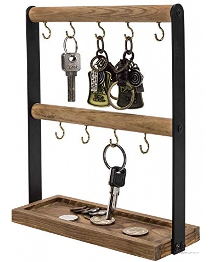 MyGift Burnt Wood & Black Metal Entryway Key Hook Valet Stand with Storage Tray