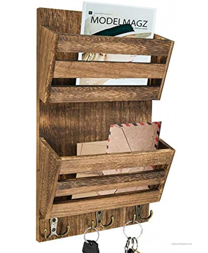 Rustic Key and Mail Holder for Wall with 4 Key Hooks 2-Slot Mail Sorter Organizer Wall Mounted Key Holder Mail Sorter Letter Bills Magazine Organizer for Entryway Mudroom Hallway Office Garage