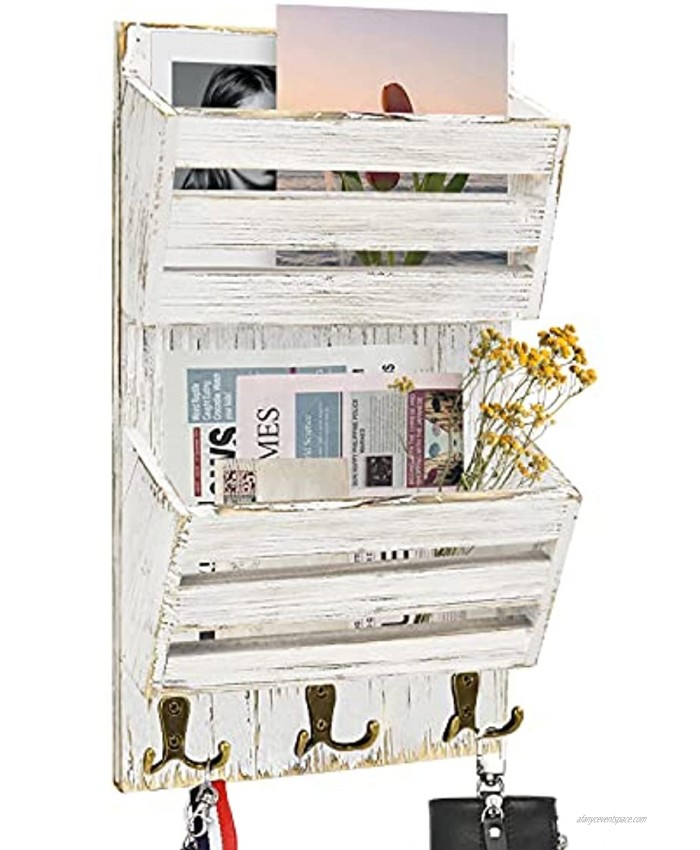 SOWA Rustic Mail Organizer Wall Mount Key and Mail Holder for Wall Decorative 2-Slot Hanging Mail Sorter with Key Hangers Paper Letter Magazine Wall Organizer with Metal Key Hooks for Entryway