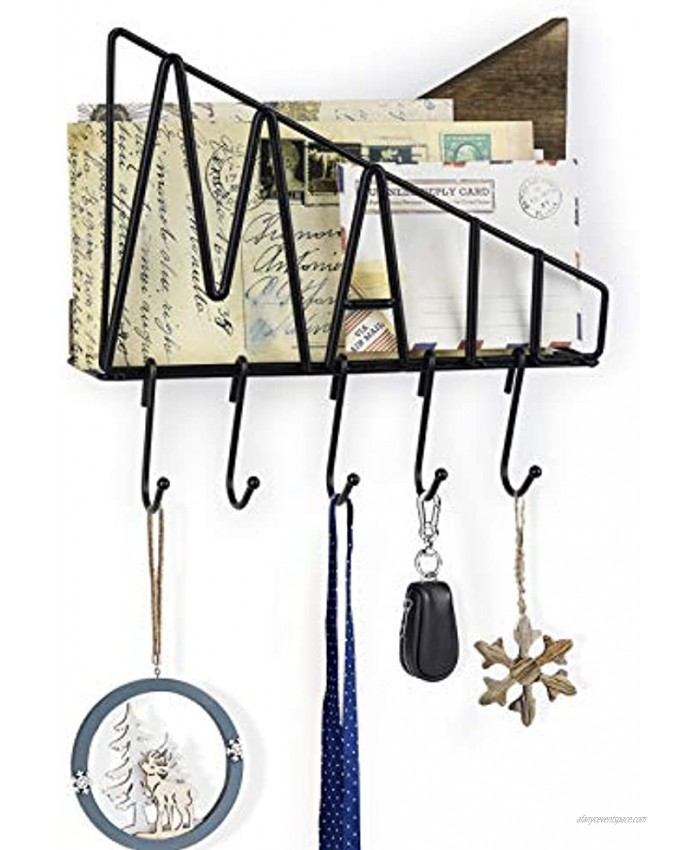 SRIWATANA Letter Mail Holder Wall Mount Rustic Bill Mail Organizer Hanging Key Holder with Five Removable Hooks