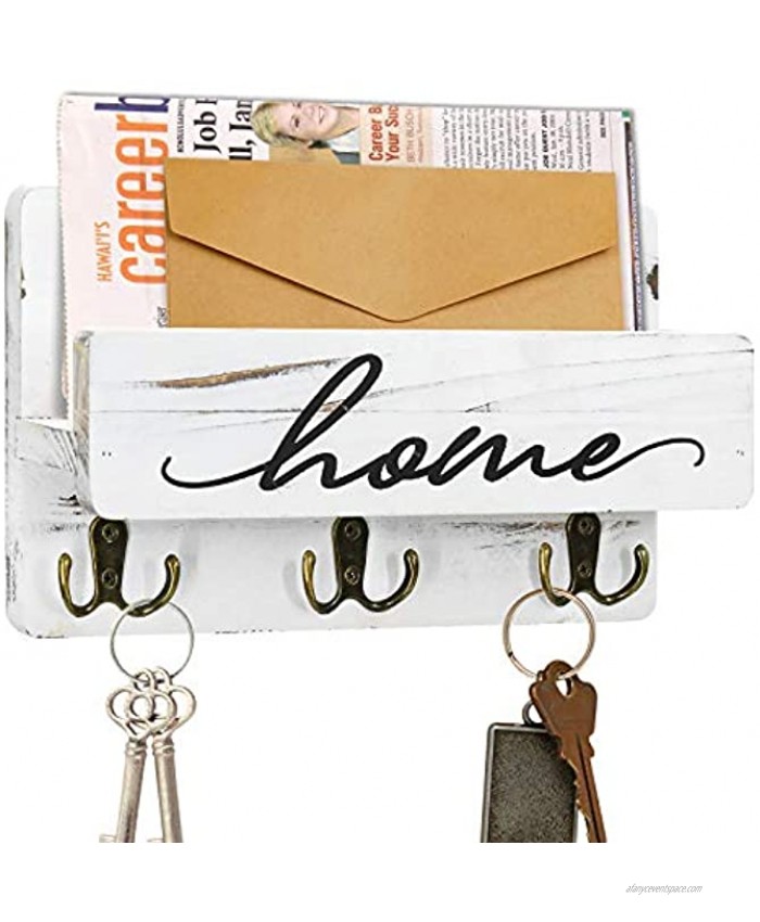 Wooden Key Hangers for Wall Decorative Mail and Key Holder Entryway Shelf with 3 Double Key Hooks Key Rack Wood Mail Sorter Organizer Wall Mounted for Letter Magazines Bills Home Decor White