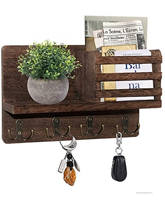 Wooden Key Holder Mail Sorter Organizer with 4 Key Hooks Wall Mounted Rustic Entryway Mail Envelope Organizer Holder with Key Hooks and Floating Shelf Perfect for Entryway Kitchen Mudroom Hallway
