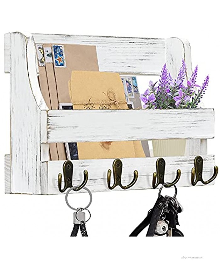 Wooden Mail and Key Holder for Wall Decorative Decorative Mail Organizer Wall Mounted with 4 Double Key Hooks Rustic Wood Hanging Mail Sorter and Home Decor with Shelf for Wall Entryway Hallway