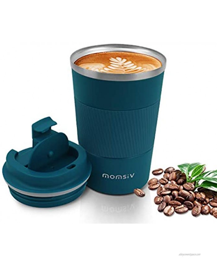 12oz Travel Mug MOMSIV Insulated Coffee Cup with Leakproof Lid Vacuum Stainless Steel Double Walled Reusable Tumbler for Hot and Cold Water Coffee and Tea In Travel and Car Blue 380ml