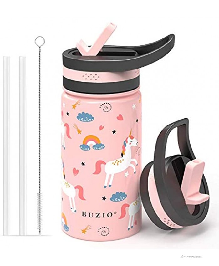 BUZIO Insulated Water Bottle for Kids Modern Vacuum Insulated Hydro Bottle with 2 Straw Lids 14oz Double Walled Wide Mouth Sports Drink Flask with Pink Unicorn Patterns Simple Thermo Canteen Mug