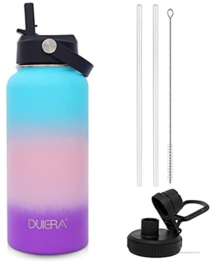 DUIERA Water Bottle 32oz Vacuum Insulated Stainless Steel Water Bottle with Straw & Spout Lids BPA Free Keep Liquids Hot or Cold Green Pink Purple