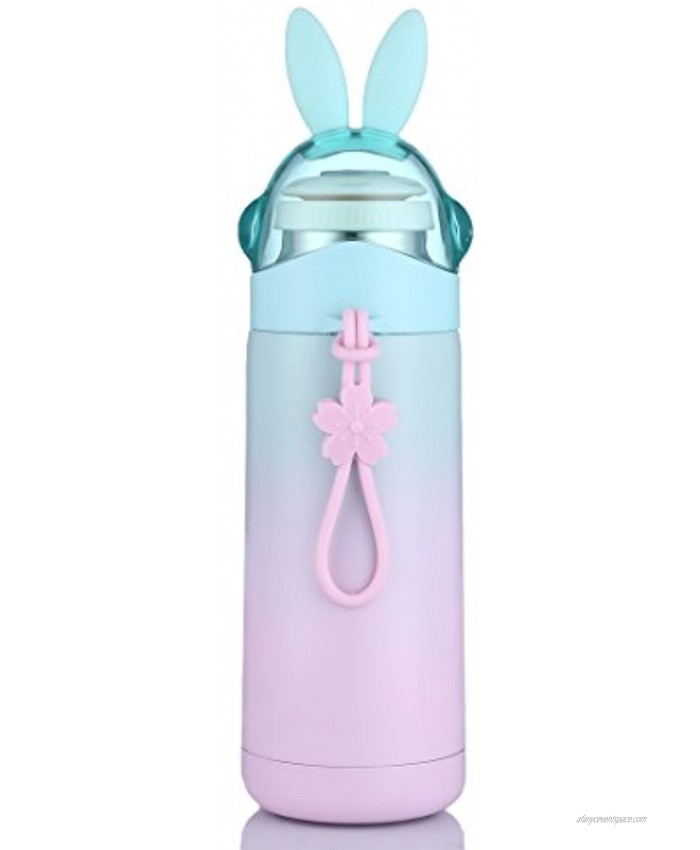 Girls Travel Mug,Cute Bunny Tumbler Insulation Bottle,Leak-proof Vacuum Flask For Baby Hot Water 12 Ounce Cyan