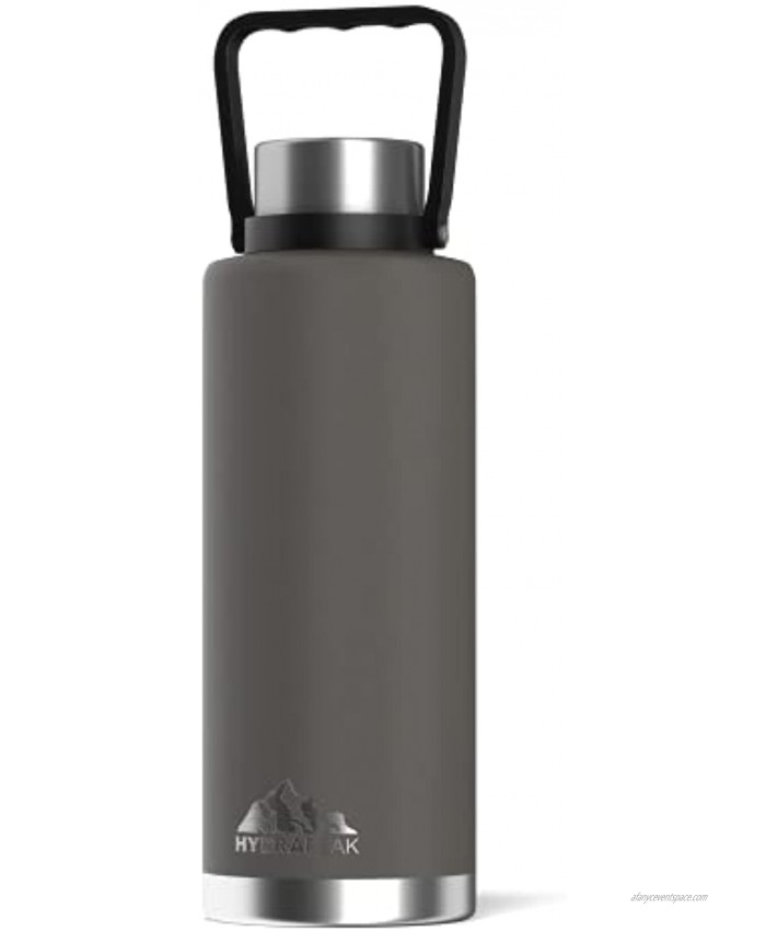 Hydrapeak Water Bottle Double Wall Stainless-Steel Vacuum Insulated Thermos Canteen Wide Mouth Flask BPA-Free Leak-Proof Growler with Handle Lid 67oz Graphite