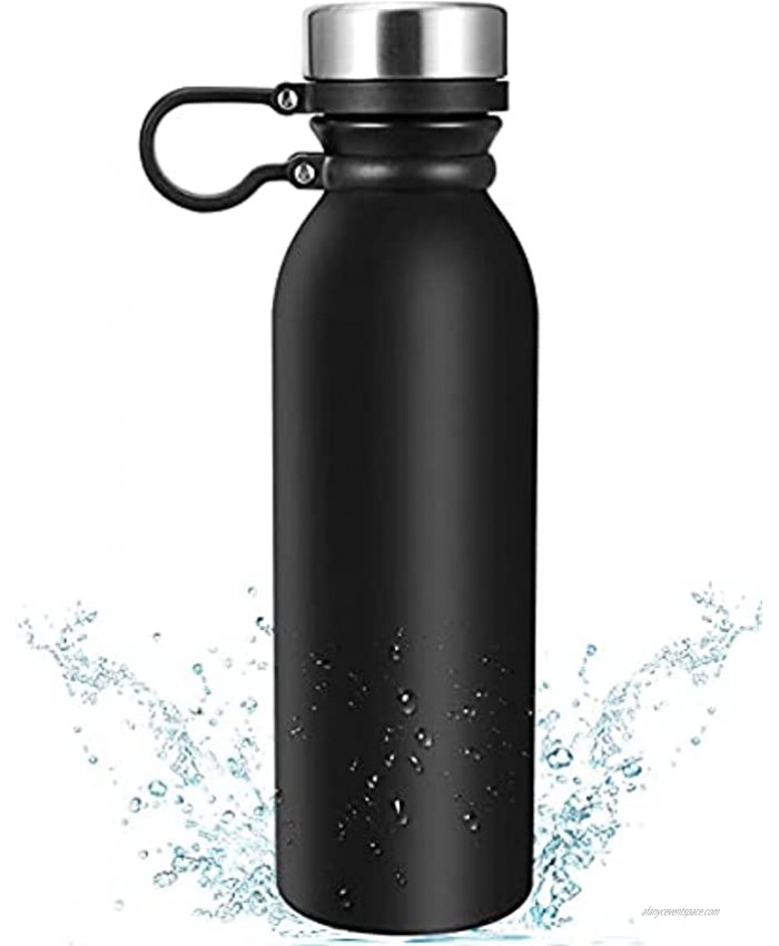 Insulated Stainless Steel Water Bottle|20 oz Vacuum Thermo Flask|18 8 Stainless Steel Double Wall Water Bottle Keep Hot & Cold BPA Free Leakproof Wide Mouth Lids with Finger Belt-Black