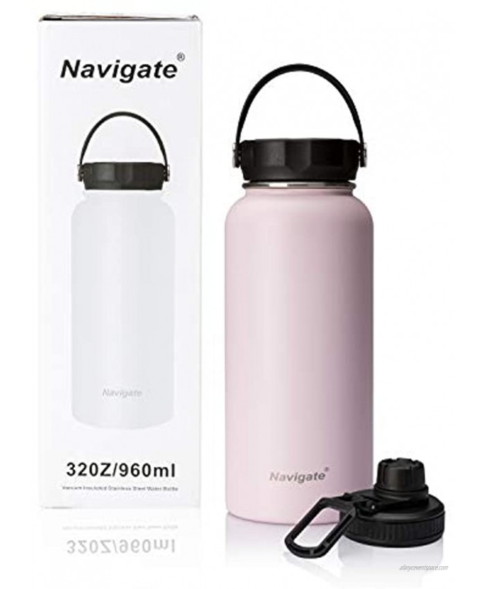 NAVIGATE 32oz Wide Mouth Stainless Steel Water Bottle with Two Lids Double Walled Vacuum Insulated Travel Sports Flask Cup |Keep Drink Stay Cold & Hot Leak Proof