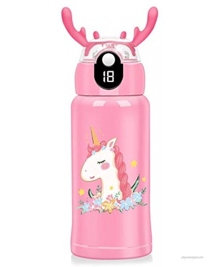 Smart Kids Water Bottle 18 Oz 3 Lids Straw Lid,Vacuum Insulated Water Bottle 316 Stainless Steel Temperature Display Modern Double Walled Simple Thermo Mug Hydro Metal Canteen,Pink